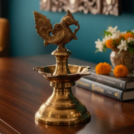 Antique Peetal Engraved Peacock Samay | Brass Peacock Finial Standing Oil Lamp | Made in 1972