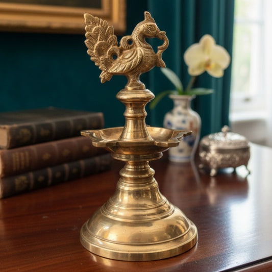 Antique Peetal Engraved Peacock Samay | Brass Peacock Finial Standing Oil Lamp | Made in 1972