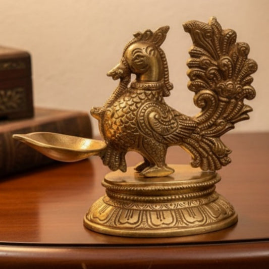 Antique Peetal Engraved Peacock Diya | Brass Sculpted Peacock Figurine Oil Lamp | Made in 1966