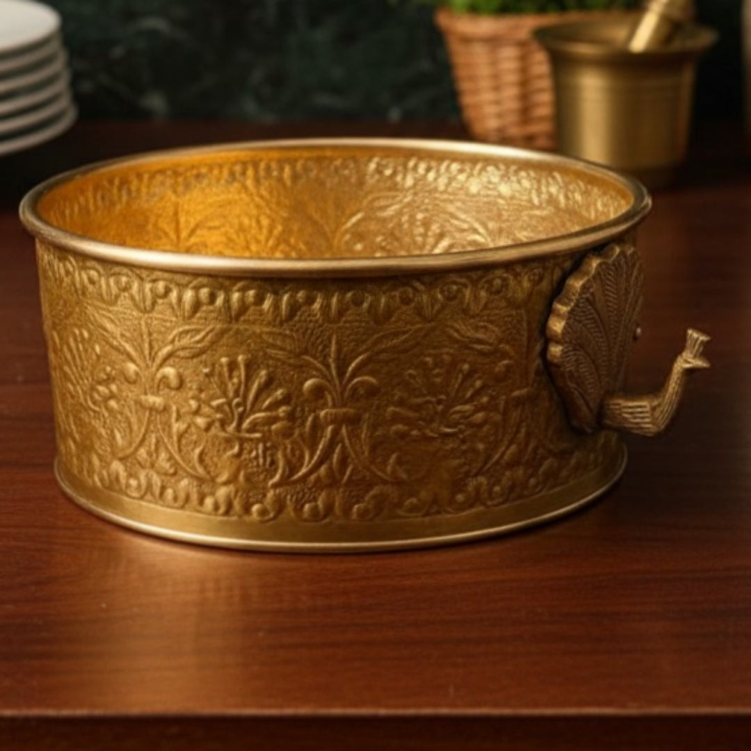 Antique Peetal Engraved Décor Bowl | Brass Engraved Peacock Handle Decorative Bowl | Made in 1960