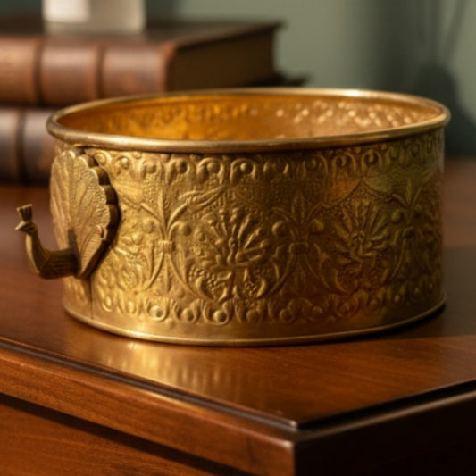 Antique Peetal Engraved Décor Bowl | Brass Engraved Peacock Handle Decorative Bowl | Made in 1960