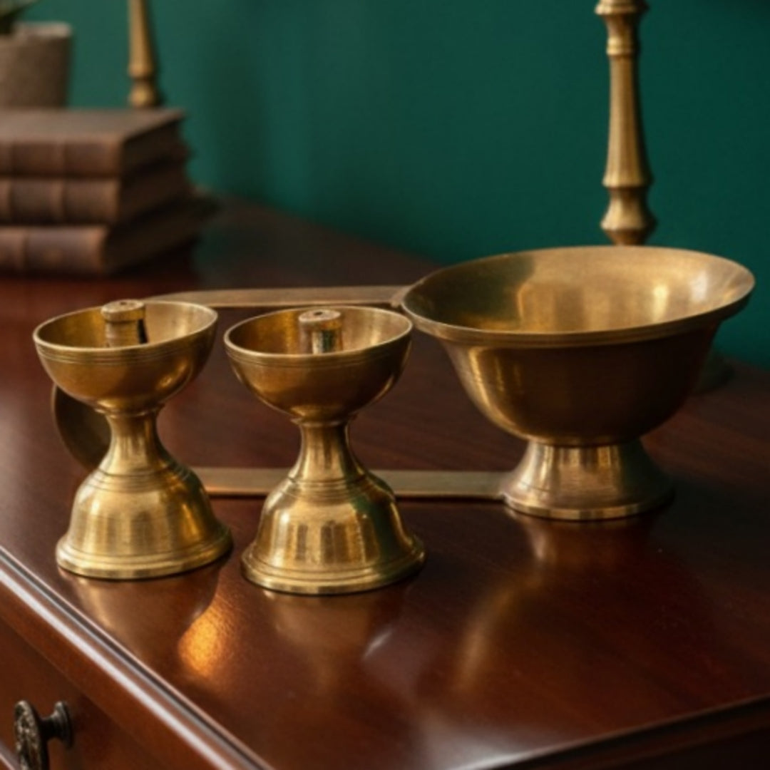 Antique Peetal Dhoopdani & Agarbatti Holder Set | Brass Incense Bowl & Agarbatti Holder Pair | Made in 1973