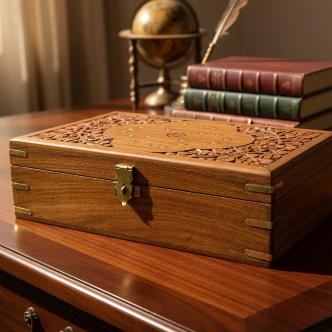 Vintage Rosewood Engraved Jewellery Box | Rosewood Hand Carved & Brass Inlay Jewellery Box | 1990s