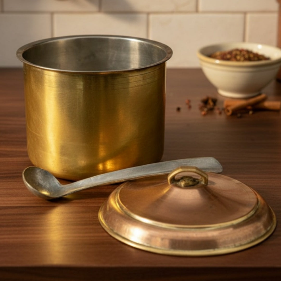 Antique Peetal Long Shape Cooking Bowl with Lid & Ladle | Brass Cylindrical Storage Pot with Copper Lid & Ladle | Made in 1967