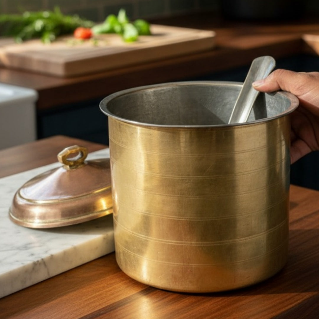 Antique Peetal Long Shape Cooking Bowl with Lid & Ladle | Brass Cylindrical Storage Pot with Copper Lid & Ladle | Made in 1967