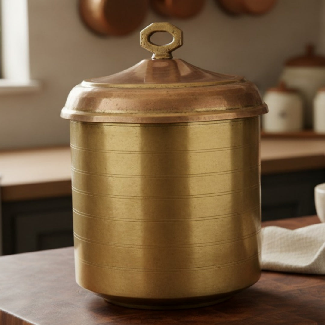 Antique Peetal Long Shape Cooking Bowl with Lid & Ladle | Brass Cylindrical Storage Pot with Copper Lid & Ladle | Made in 1967