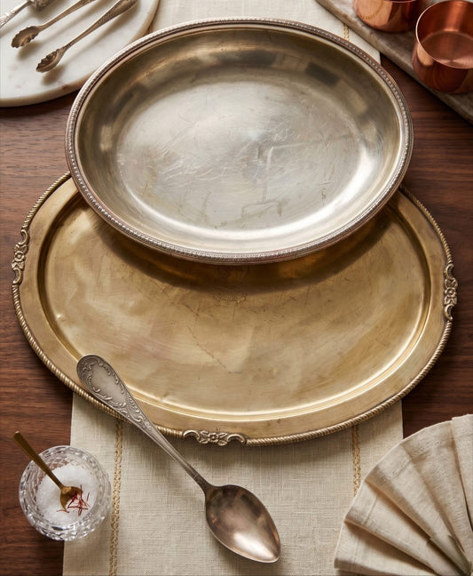 Antique Peetal Serving Tray Pair with Spoon | Brass & Silver Coated Oval Serving Tray Pair with Spoon | Made in 1966