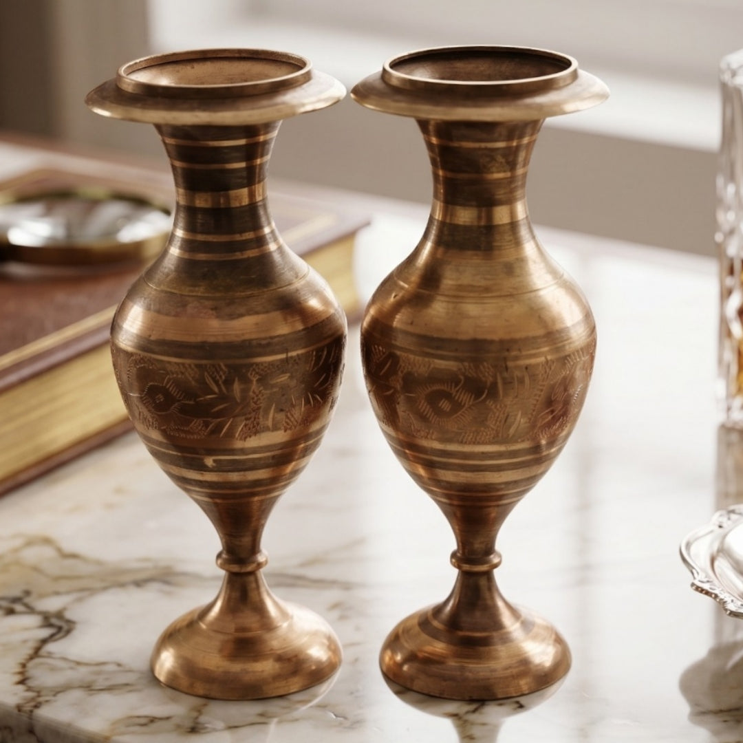 Antique Peetal Engraved Vase Pair | Pure Brass Floral Vases Set of 2 | Made in 1970