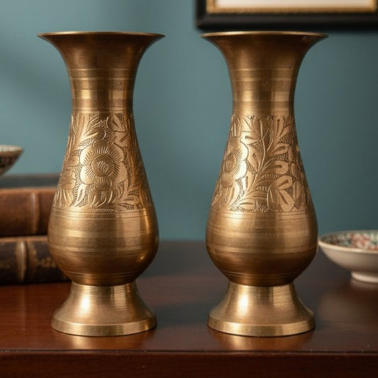 Antique Peetal Engraved Vase Pair | Pure Brass Floral Vases Set of 2 | Made in 1970