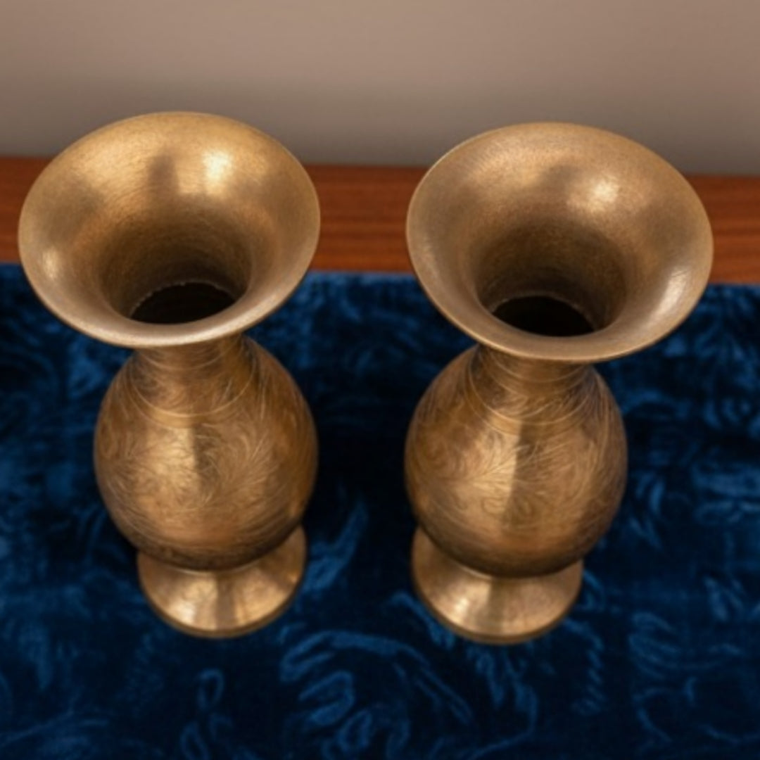 Antique Peetal Engraved Vase Pair | Pure Brass Floral Vases Set of 2 | Made in 1970