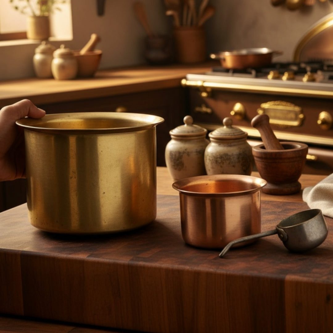 Antique Peetal Long Cooking Bowl Pair with Ladle | Brass & Copper Cylindrical Cooking Pot Pair with Ladle | Made in 1970