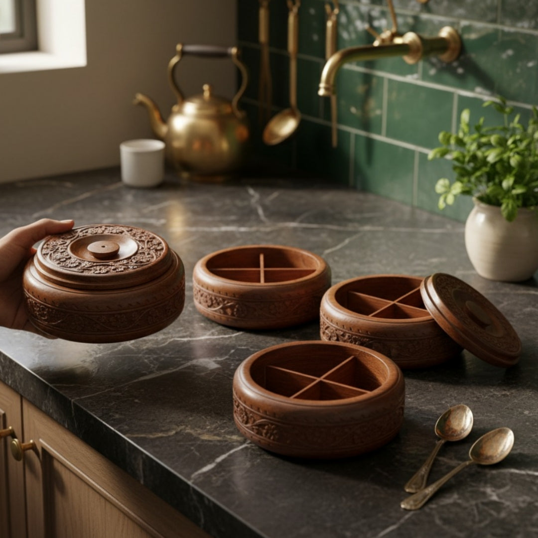 Vintage Rosewood Masala Box Set of 3 | Rosewood Hand Carved Spice Storage Box Set | 1990s