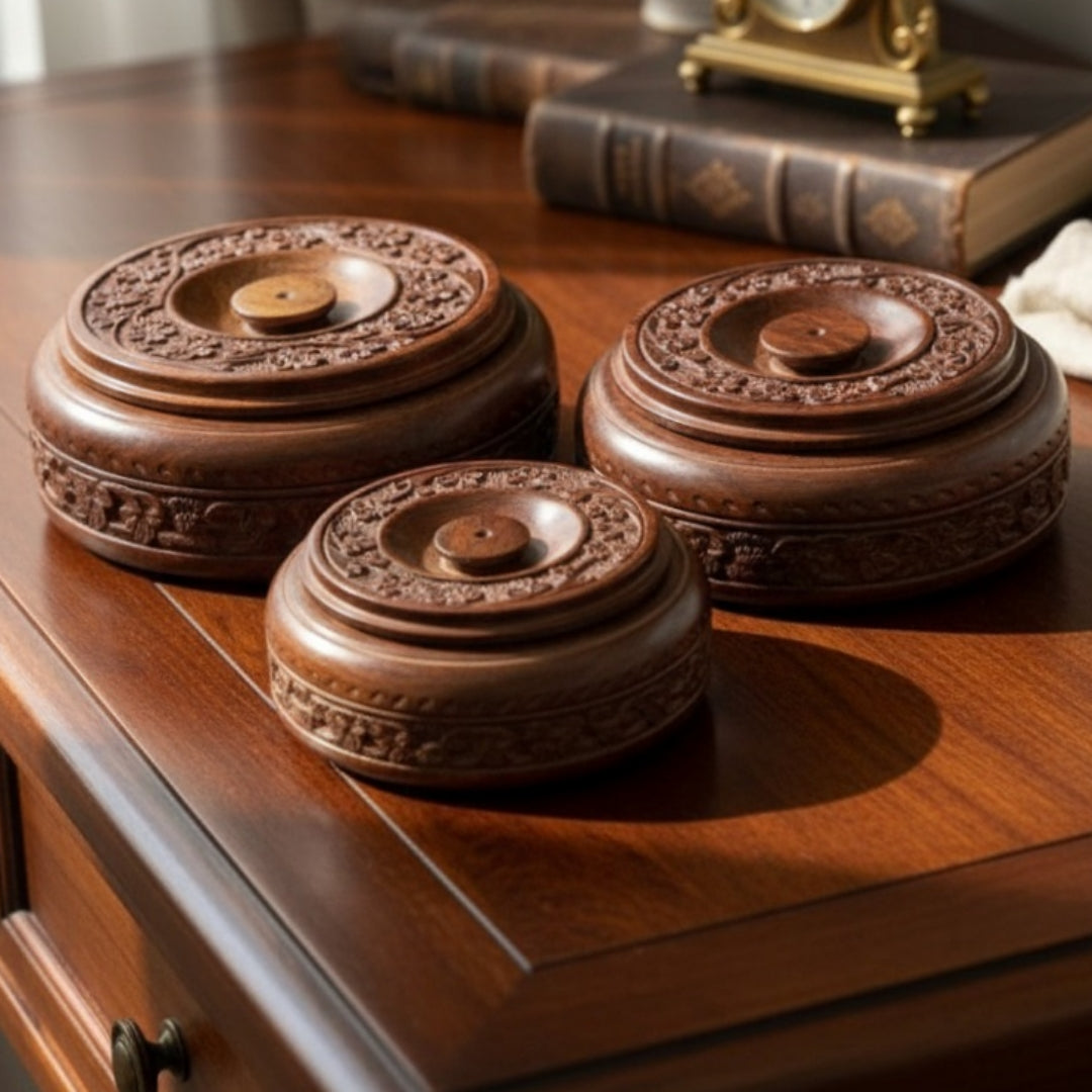 Vintage Rosewood Masala Box Set of 3 | Rosewood Hand Carved Spice Storage Box Set | 1990s