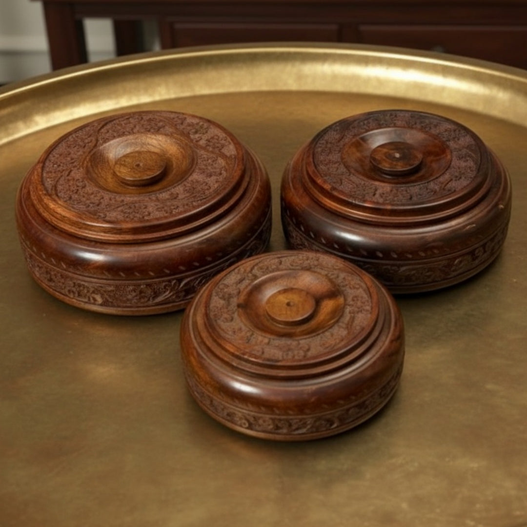 Vintage Rosewood Masala Box Set of 3 | Rosewood Hand Carved Spice Storage Box Set | 1990s