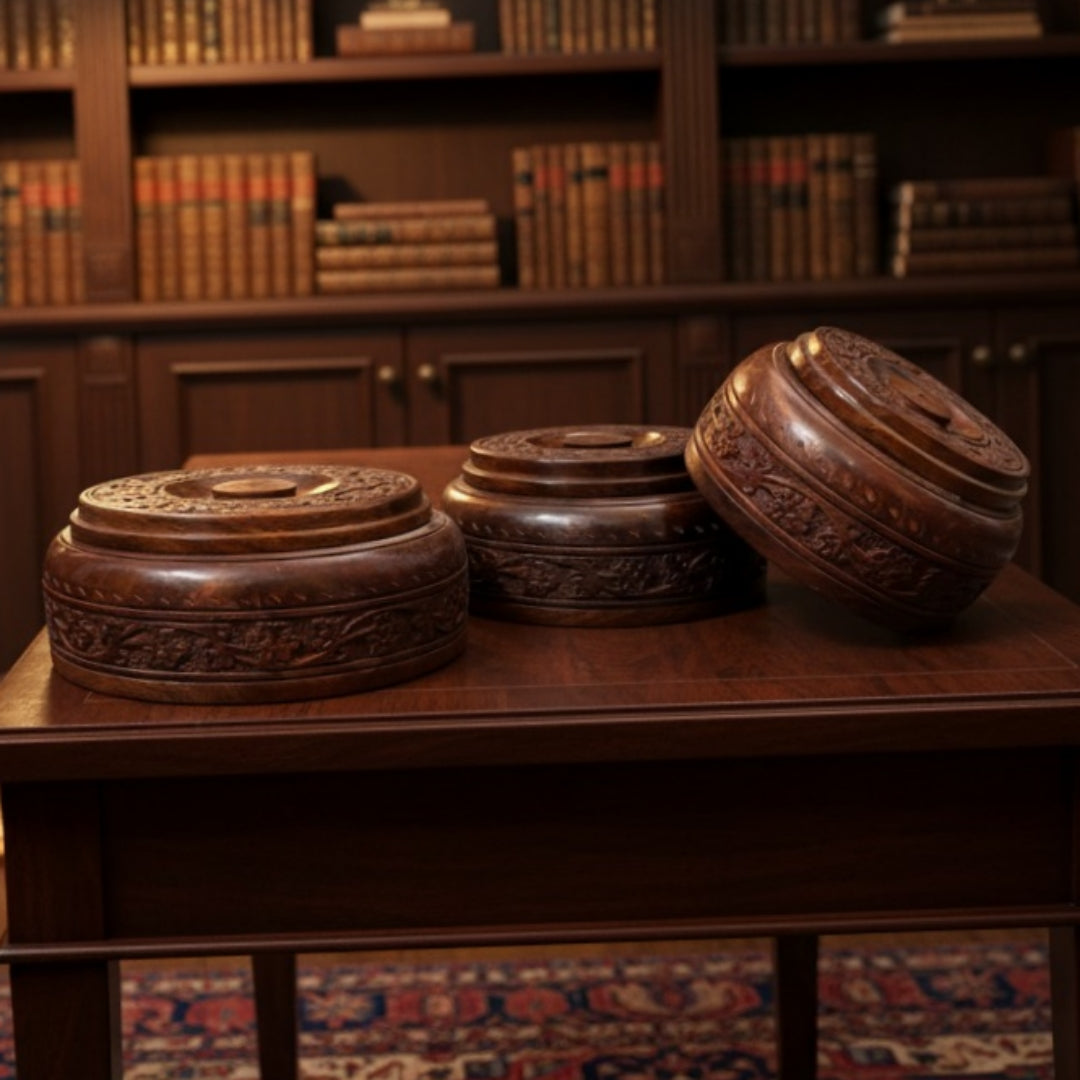 Vintage Rosewood Masala Box Set of 3 | Rosewood Hand Carved Spice Storage Box Set | 1990s