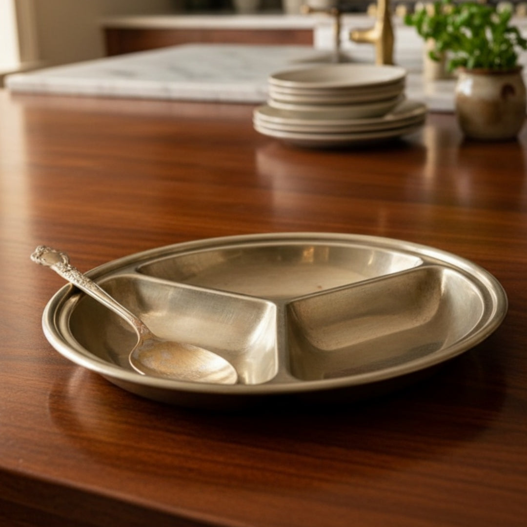 Antique German Silver 3 Partition Dish with Spoon | German Silver Divided Serving Plate with Engraved Spoon | Made in 1969