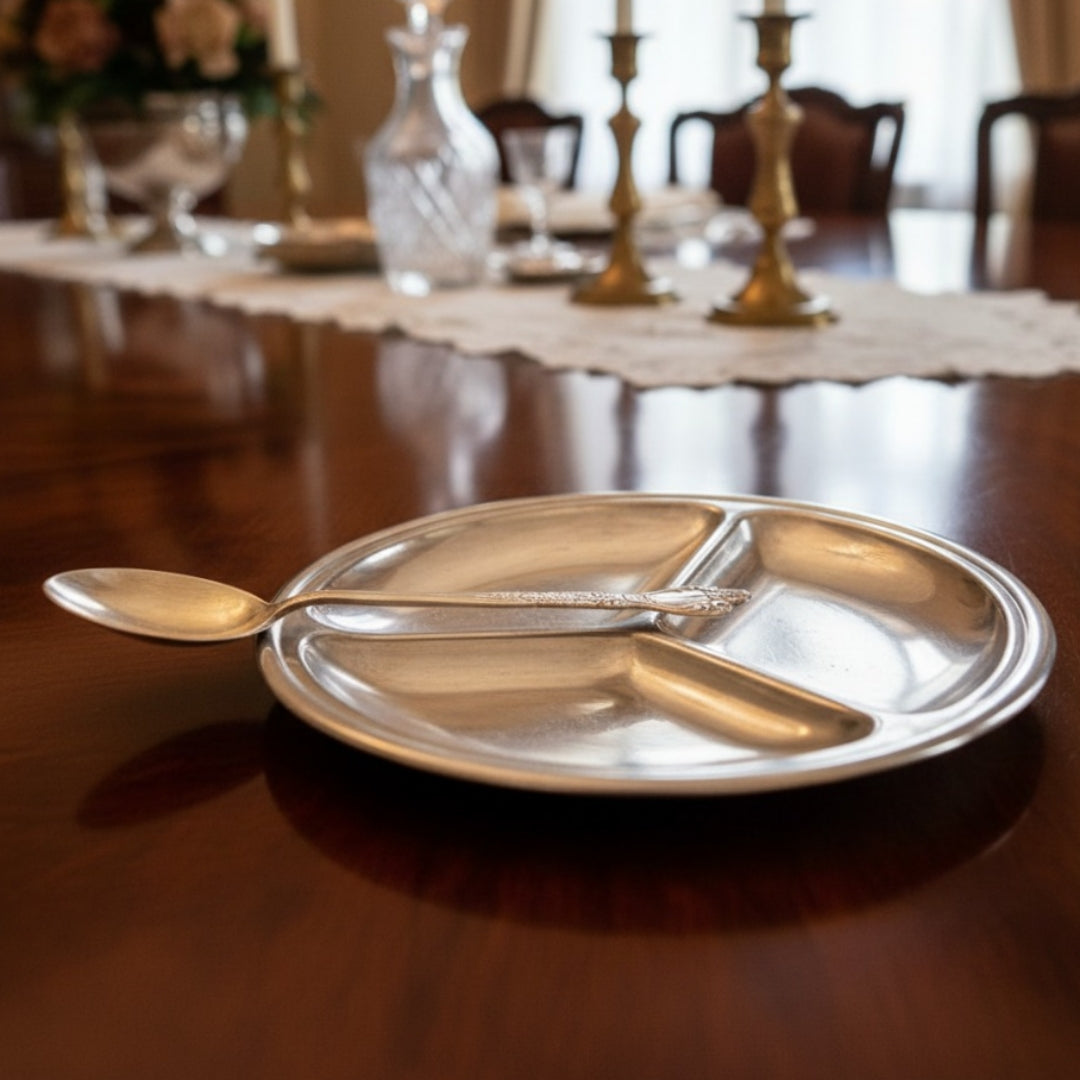 Antique German Silver 3 Partition Dish with Spoon | German Silver Divided Serving Plate with Engraved Spoon | Made in 1969