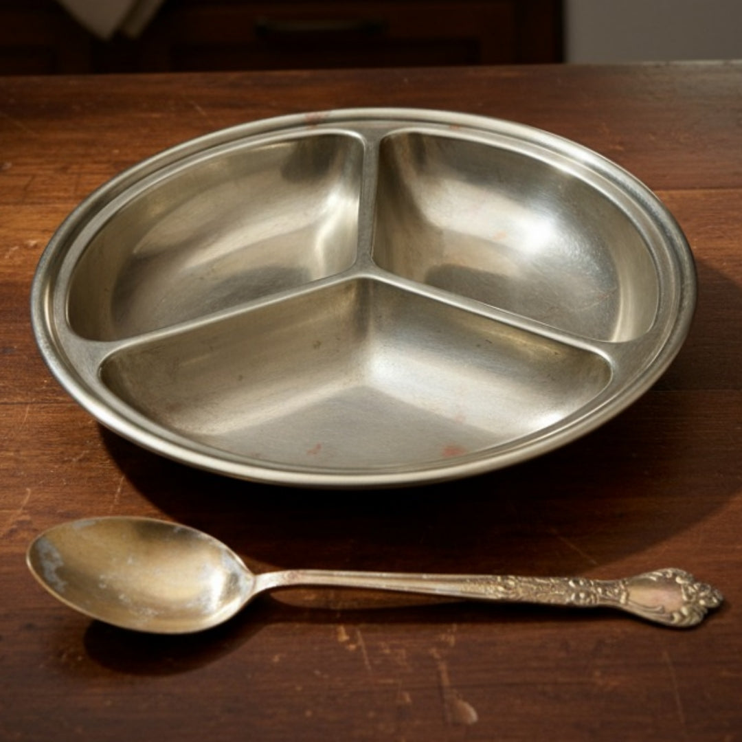 Antique German Silver 3 Partition Dish with Spoon | German Silver Divided Serving Plate with Engraved Spoon | Made in 1969