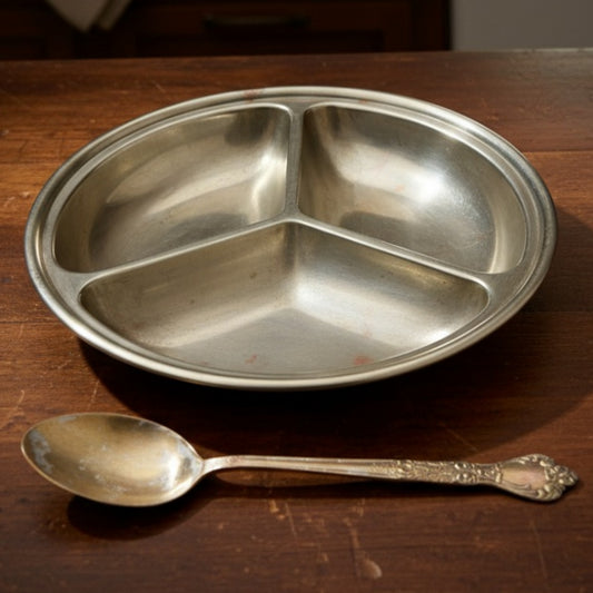 Antique German Silver 3 Partition Dish with Spoon | German Silver Divided Serving Plate with Engraved Spoon | Made in 1969 - Bombay Antiques