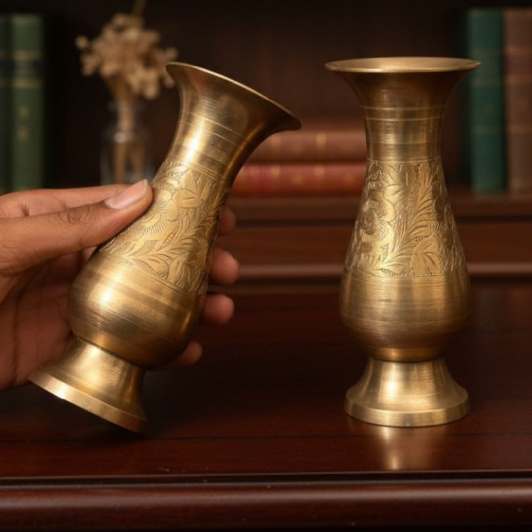 Antique Peetal Engraved Vase Pair | Pure Brass Floral Vases Set of 2 | Made in 1970