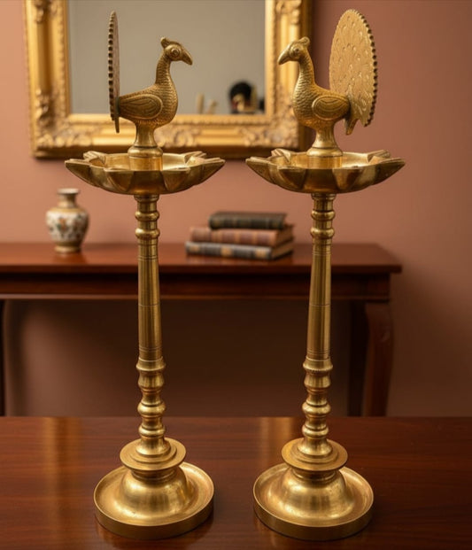 Antique Peetal Peacock Samay Pair | Pure Brass Peacock Oil Lamp Set of 2 | Made in 1972