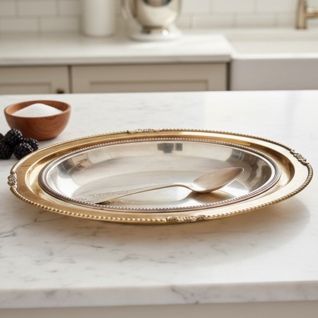 Antique Peetal Serving Tray Pair with Spoon | Brass & Silver Coated Oval Serving Tray Pair with Spoon | Made in 1966