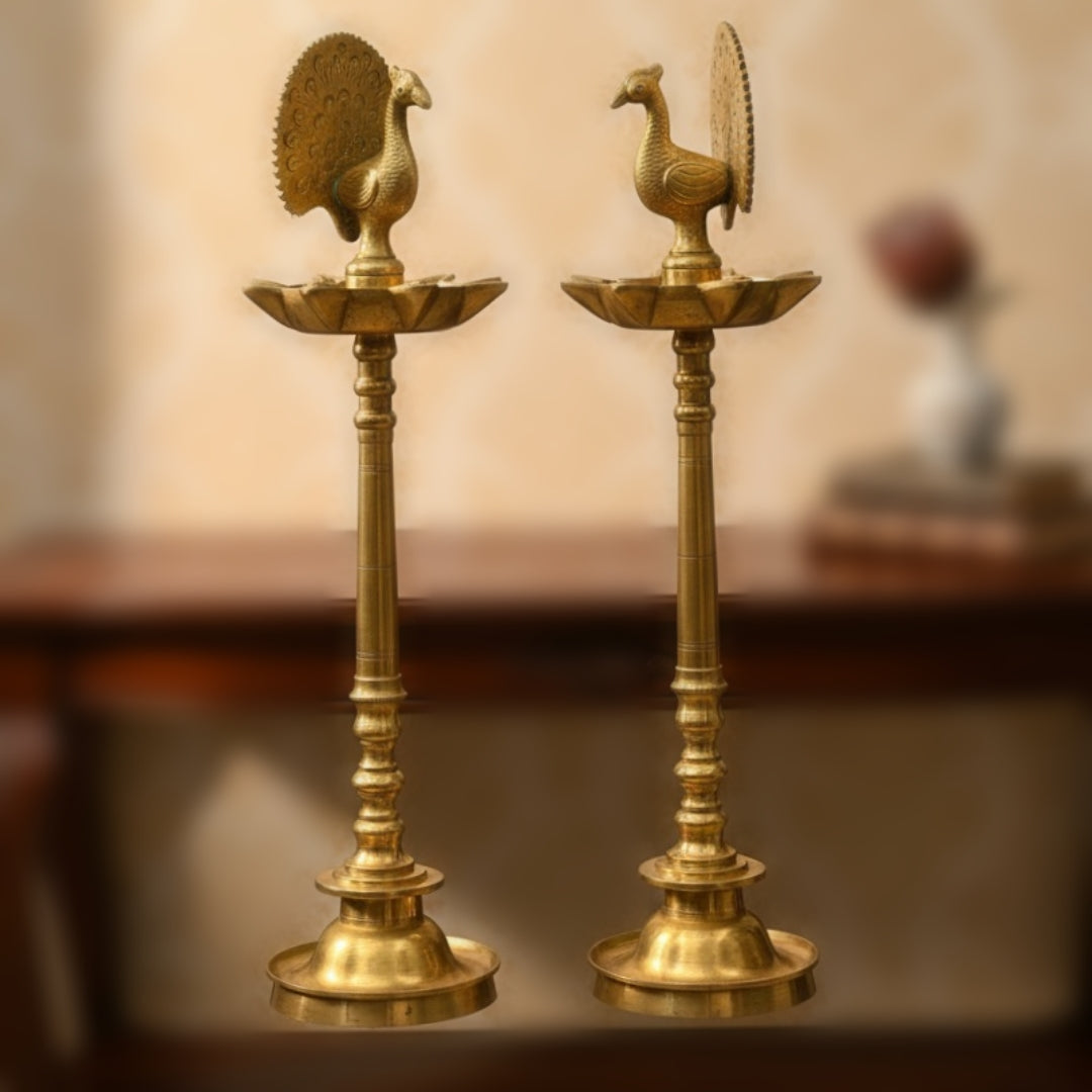 Antique Peetal Peacock Samay Pair | Pure Brass Peacock Oil Lamp Set of 2 | Made in 1972