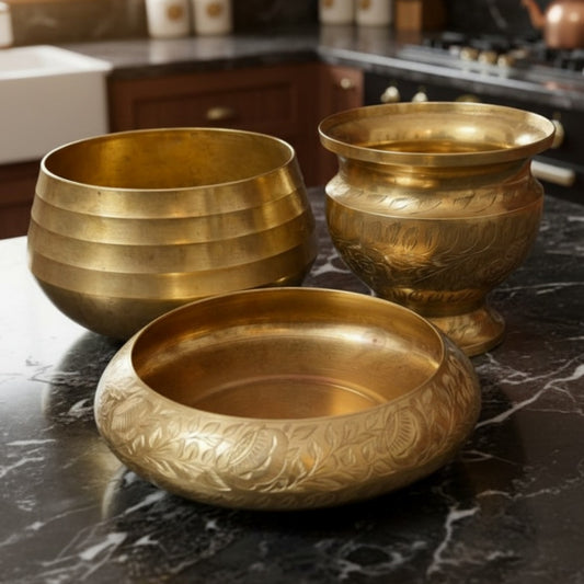 Antique Peetal Engraved Planter Pair & Urli Set of 3 | Brass Engraved Planter & Urli Décor Set | Made in 1970