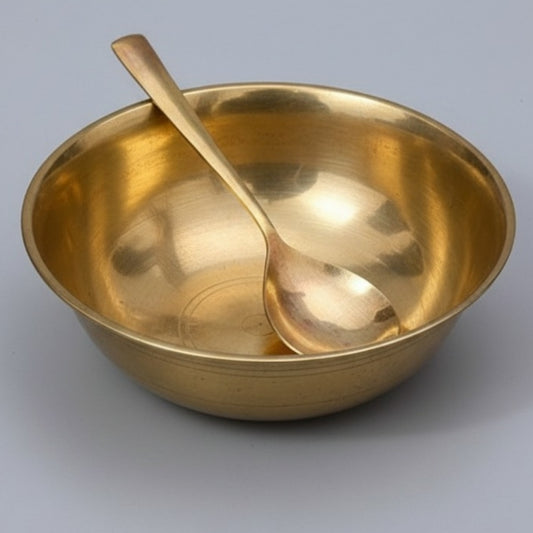 Antique Kansa Serving Bowl with Spoon | Pure Bronze Dining & Display Bowl | Made in 1980 - Bombay Antiques