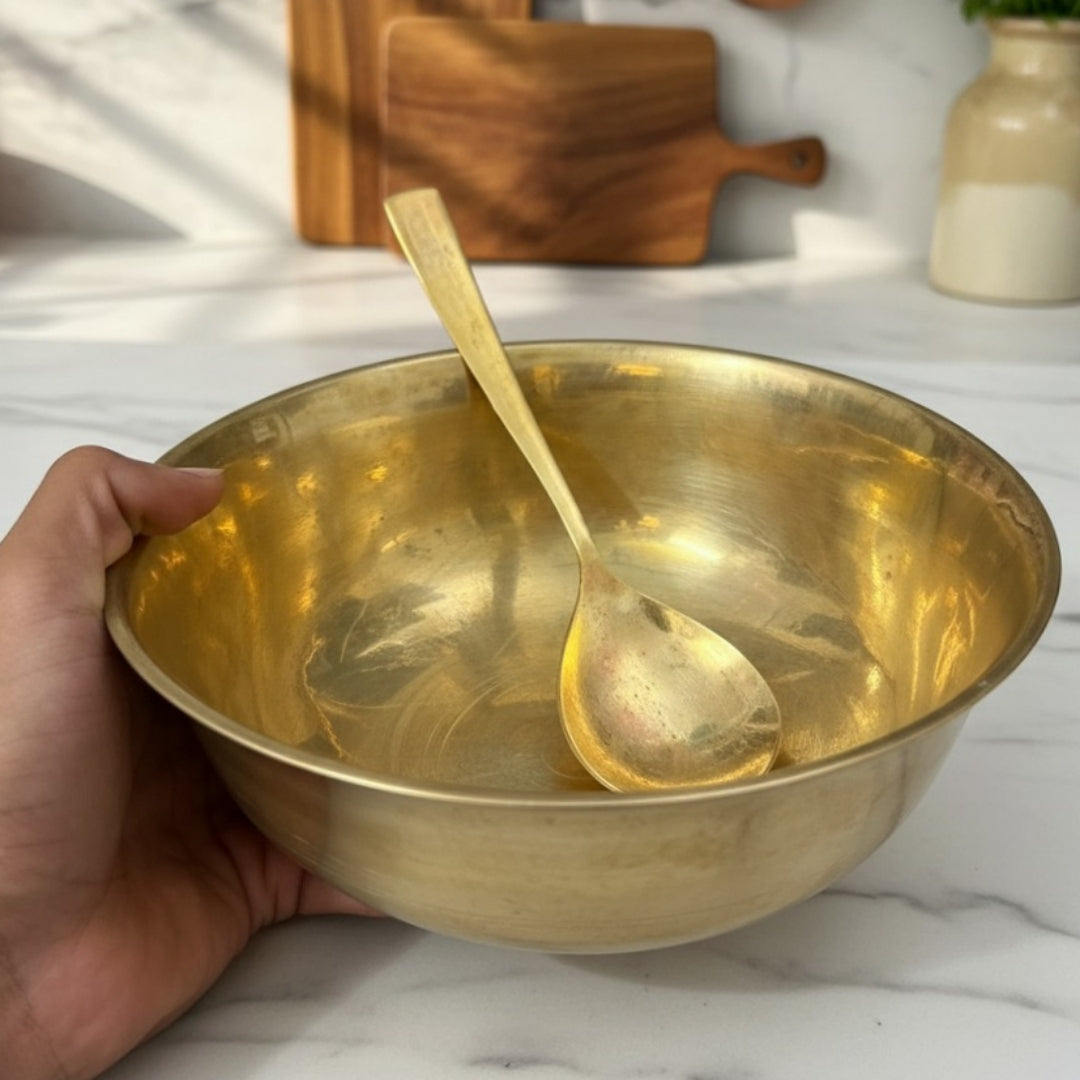 Antique Kansa Serving Bowl with Spoon | Pure Bronze Dining & Display Bowl | Made in 1980