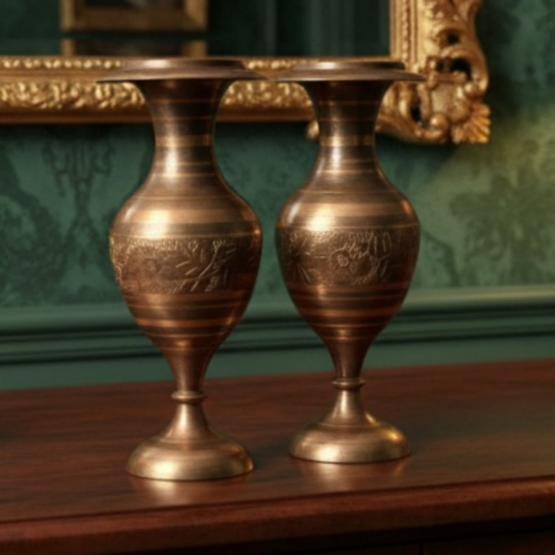 Antique Peetal Engraved Vase Pair | Pure Brass Floral Vases Set of 2 | Made in 1970
