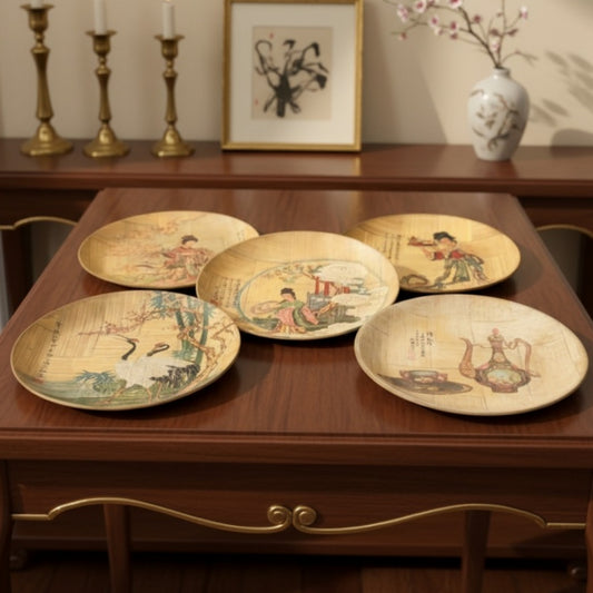 Vintage Chinese Hand Painted Decorative Plate Set of 5 | English Wood Hand Painted Oriental Art Plate Set | 1970s
