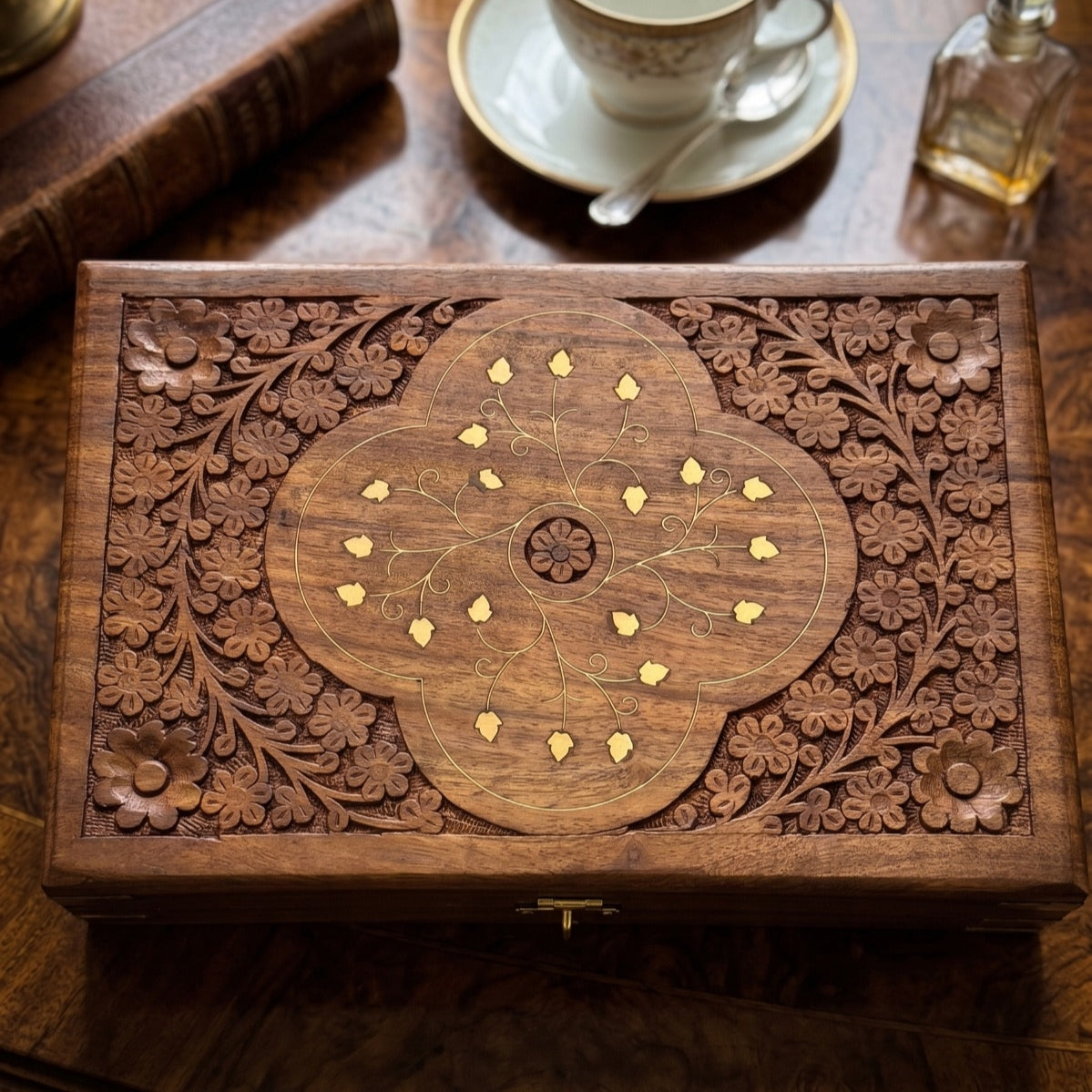 Vintage Rosewood Engraved Jewellery Box | Rosewood Hand Carved & Brass Inlay Jewellery Box | 1990s