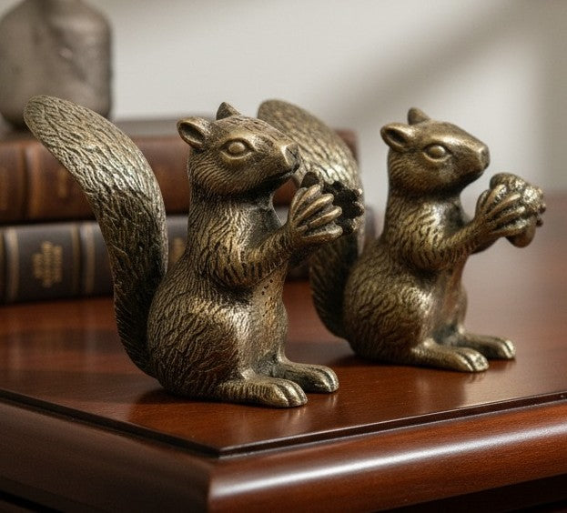 Antique Peetal Squirrel Pair with Incense Holder Slot | Pure Brass Decorative Animal Figurines Set of 2 | Made in 1980