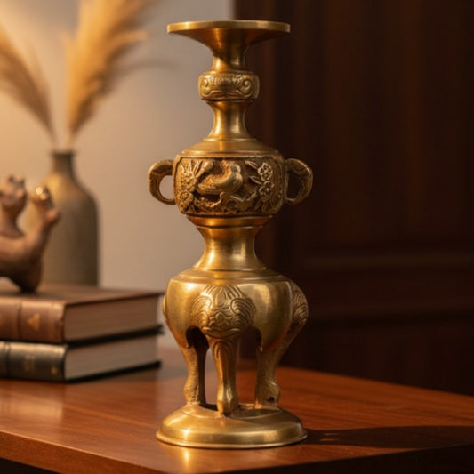 Antique Peetal Engraved Candle Holder | Pure Brass Decorative Candlestick Stand | Made in 1960
