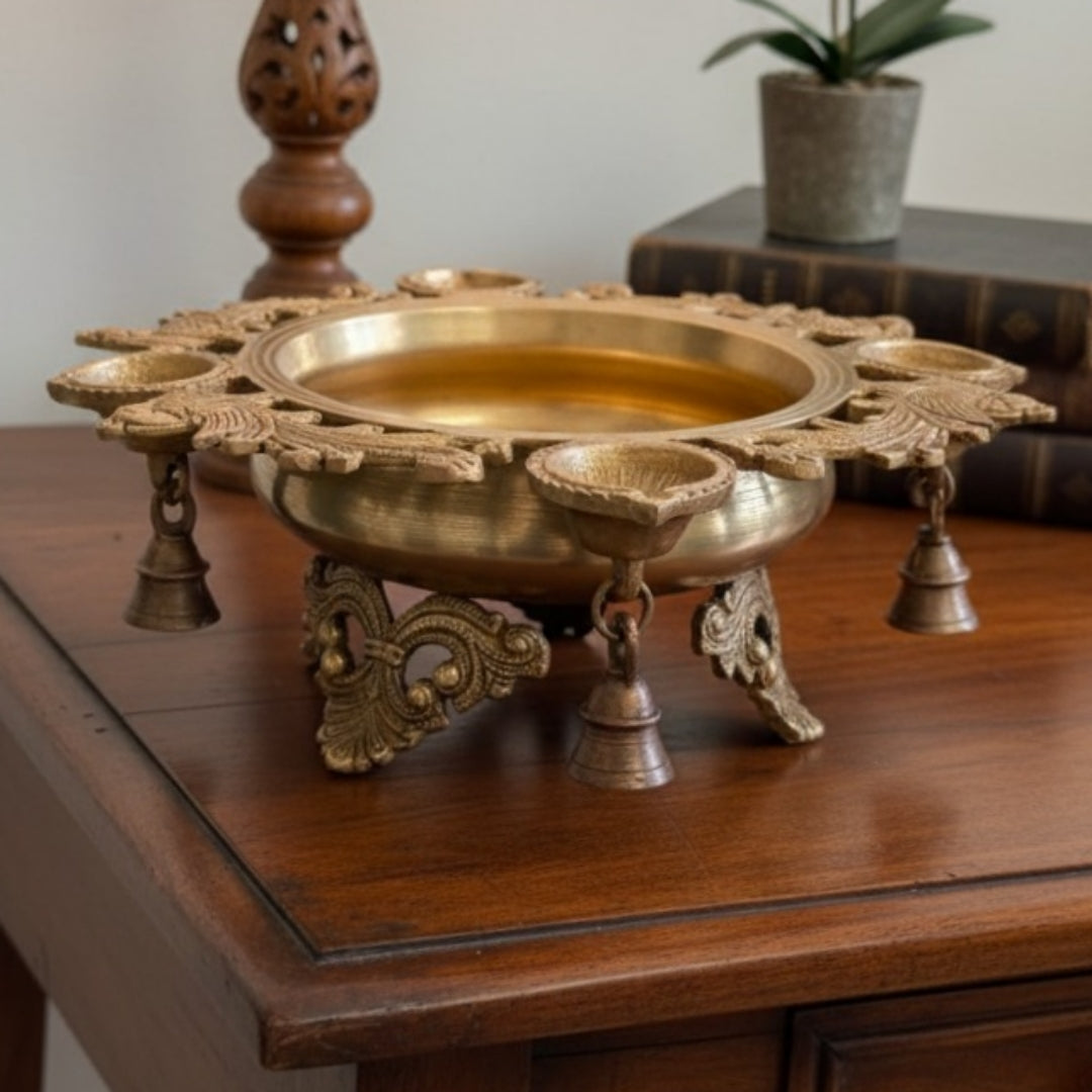Antique Peetal Engraved Urli with Diyas & Bell | Pure Brass Decorative Urli | Made in 1961