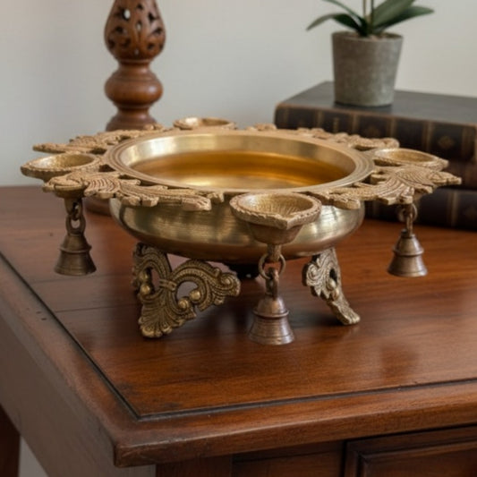 Antique Peetal Engraved Urli with Diyas & Bell | Pure Brass Decorative Urli | Made in 1961