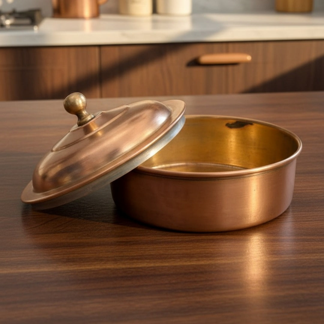 Antique Peetal Chapati Box | Pure Brass Roti Storage Container with Lid | Made in 1970