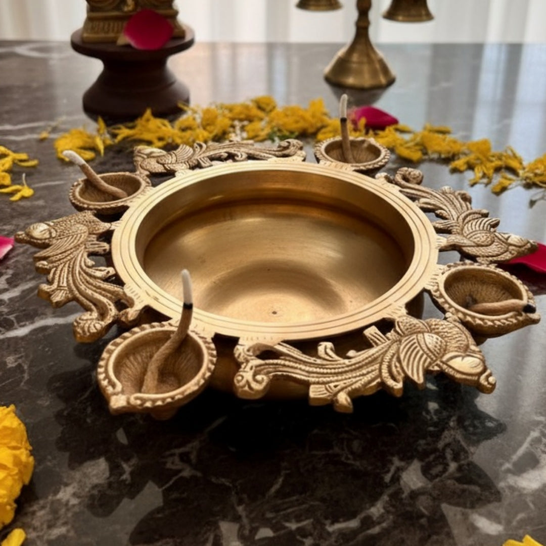 Antique Peetal Engraved Urli with Diyas & Bell | Pure Brass Decorative Urli | Made in 1961
