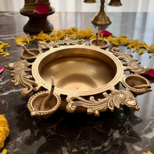 Antique Peetal Engraved Urli with Diyas & Bell | Pure Brass Decorative Urli | Made in 1961