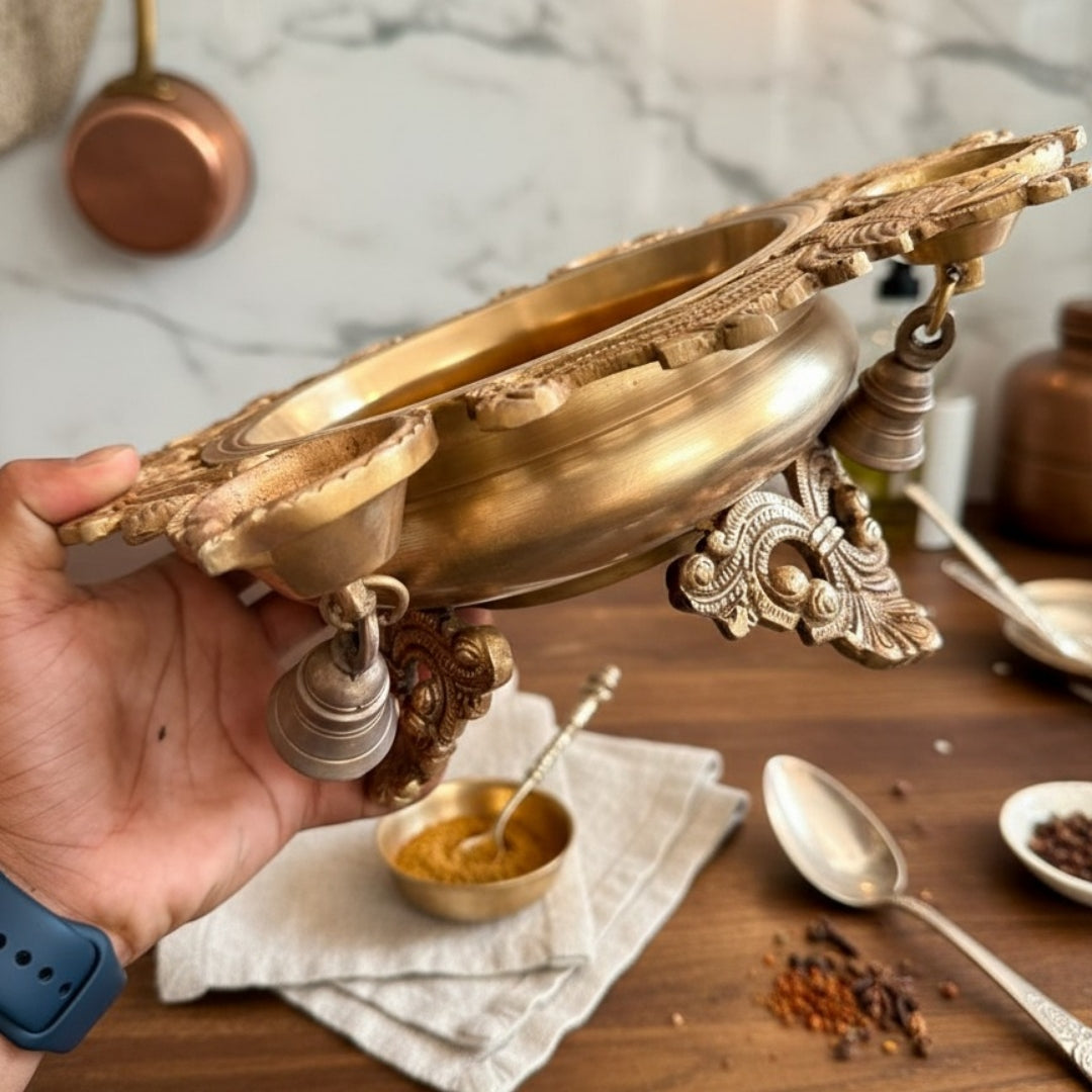 Antique Peetal Engraved Urli with Diyas & Bell | Pure Brass Decorative Urli | Made in 1961