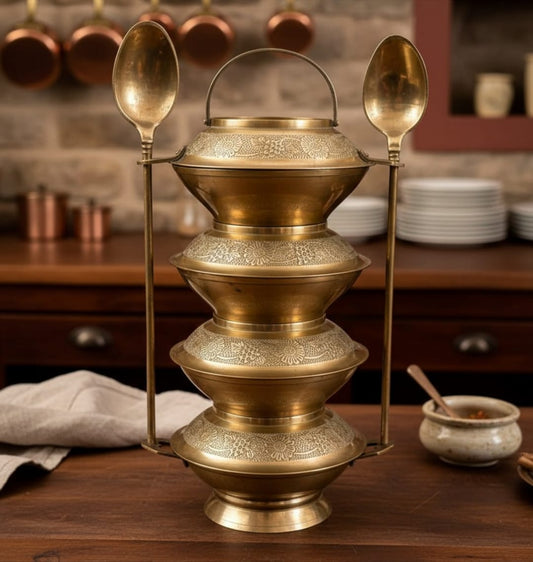 Antique Peetal Unique Shape Tiffin | Pure Brass Multi-Tier Lunch Carrier | Made in 1966