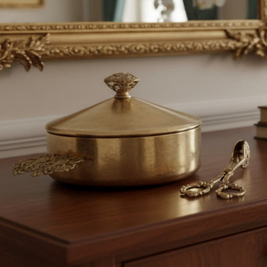 Antique Silver Coated Peetal Serving Box with Lid & Tong | Pure Brass Serving Container Set | Made in 1970