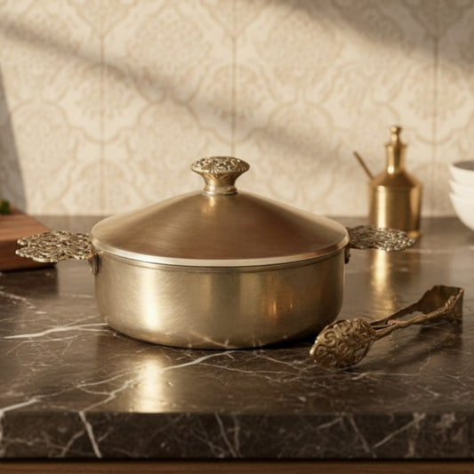 Antique Silver Coated Peetal Serving Box with Lid & Tong | Pure Brass Serving Container Set | Made in 1970