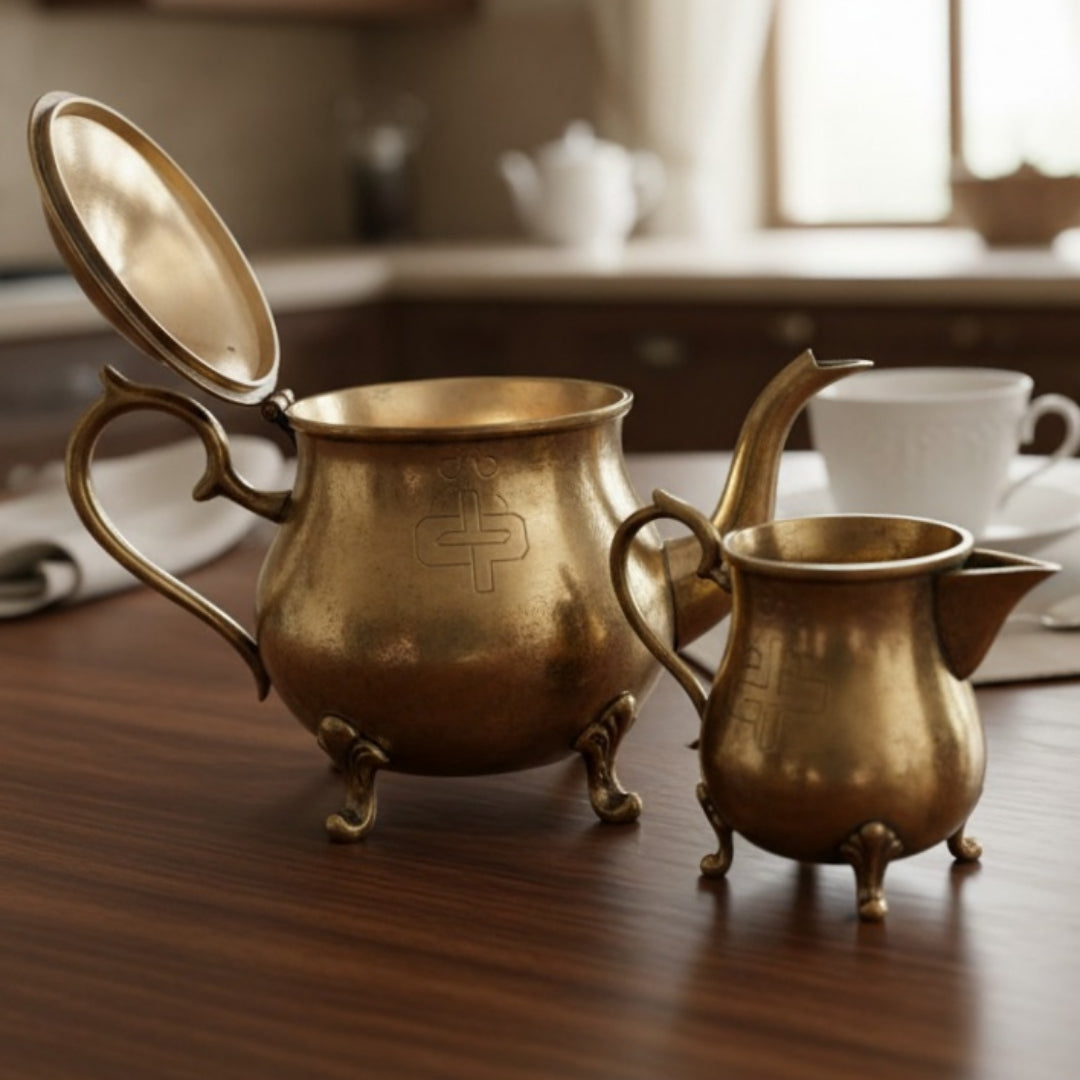 Antique Peetal Tea Kettle Pair | Pure Brass Decorative Kettle Set of 2 | Made in 1971