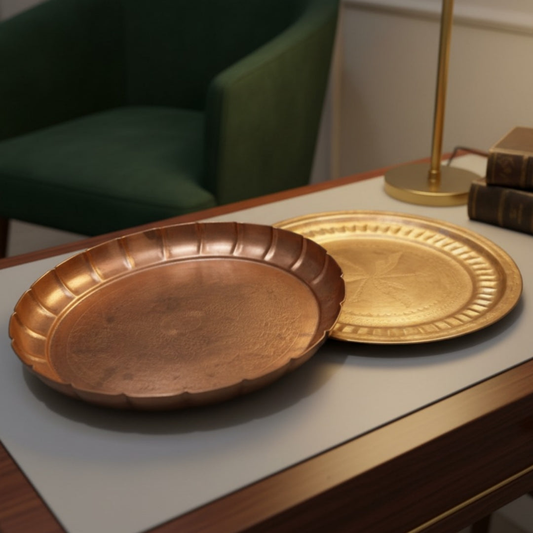 Antique Tamra Plate Pair | Pure Copper Dining & Display Plates Set of 2 | Made in 1966