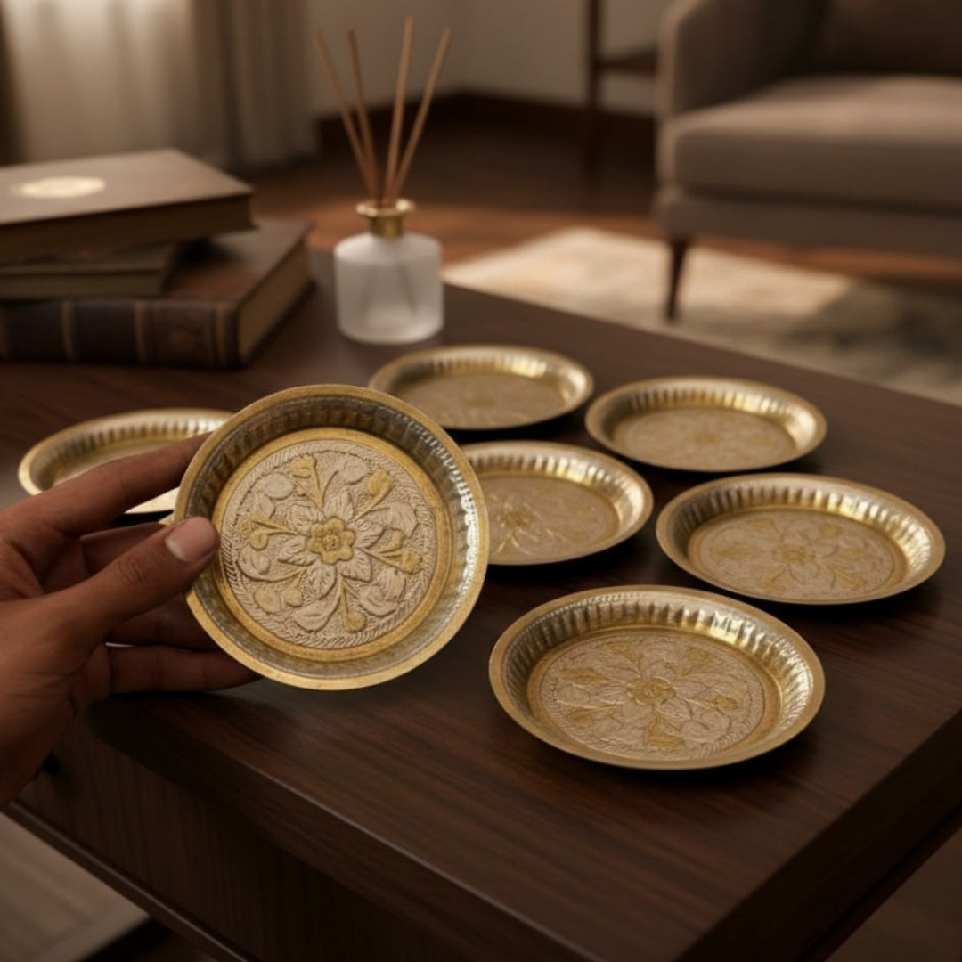 Antique Peetal Engraved Small Plate Set | Pure Brass Decorative Plates Set of 8 | Made in 1967