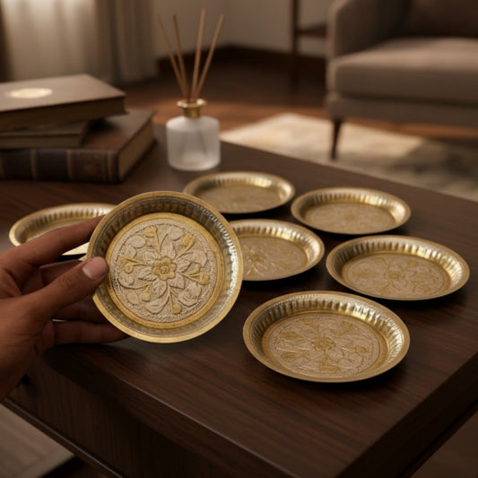 Antique Peetal Engraved Small Plate Set | Pure Brass Decorative Plates Set of 8 | Made in 1967