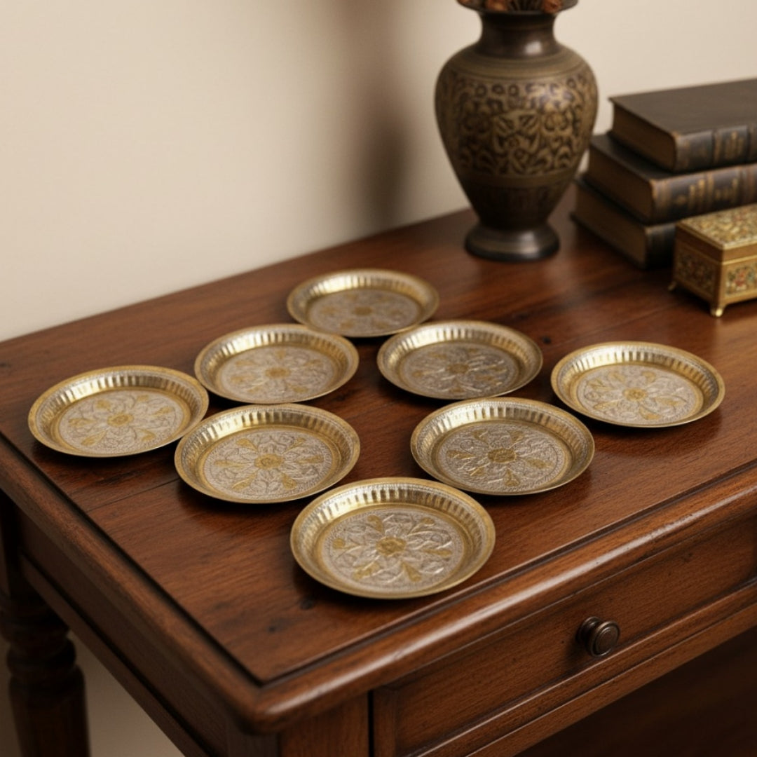 Antique Peetal Engraved Small Plate Set | Pure Brass Decorative Plates Set of 8 | Made in 1967