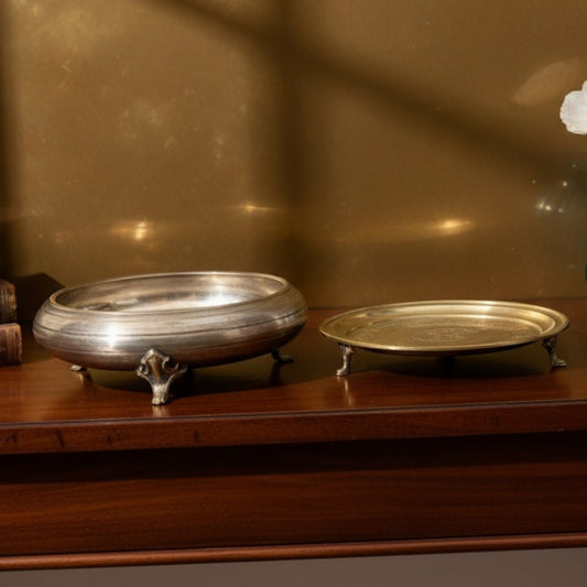 Antique Peetal Urli & Engraved Serving Plate with Legs | Pure Brass Decorative Serving Set | Made in 1972